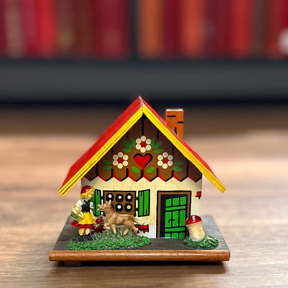 Vintage Little Red Riding Hood Wood House Bank Coin Cottage- Germany circa 1940
